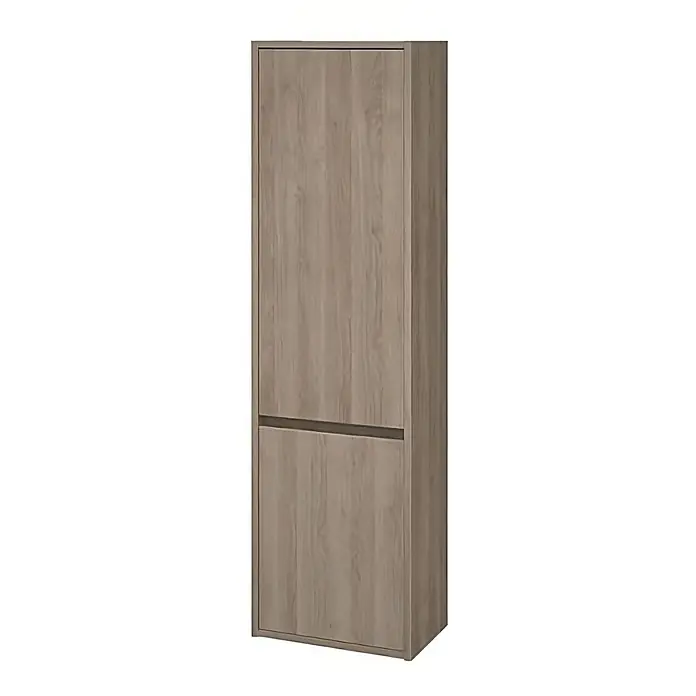 Bad Land Badmöbel-Set CREA Badmöbel-Set 80 cm Waschbecken-UnterschrankHochschrank 140/40/25 cm - Gesamtbreite Badmöbel: 80,5 cm, Eiche, Glänzend - Schmaler, hoher Schrank in hellbrauner Holzoptik mit zwei Türen, getrennt durch eine dunkle horizontale Linie.