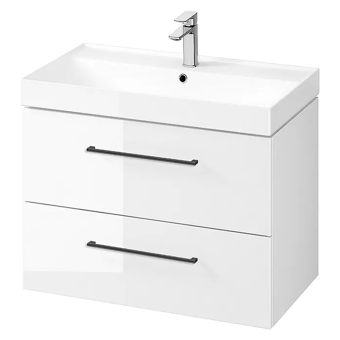 Bad Land Badmöbel-Set LARGA Badmöbel-Set 80 cm Waschbecken-Unterschrank, Hochschrank 160 - Gesamtbreite Badmöbel: 81 cm, Weiß, Glänzend - Weißer Waschtischunterschrank mit zwei Schubladen, integriertem Waschbecken und Chromarmatur, mit dunklen Griffen.