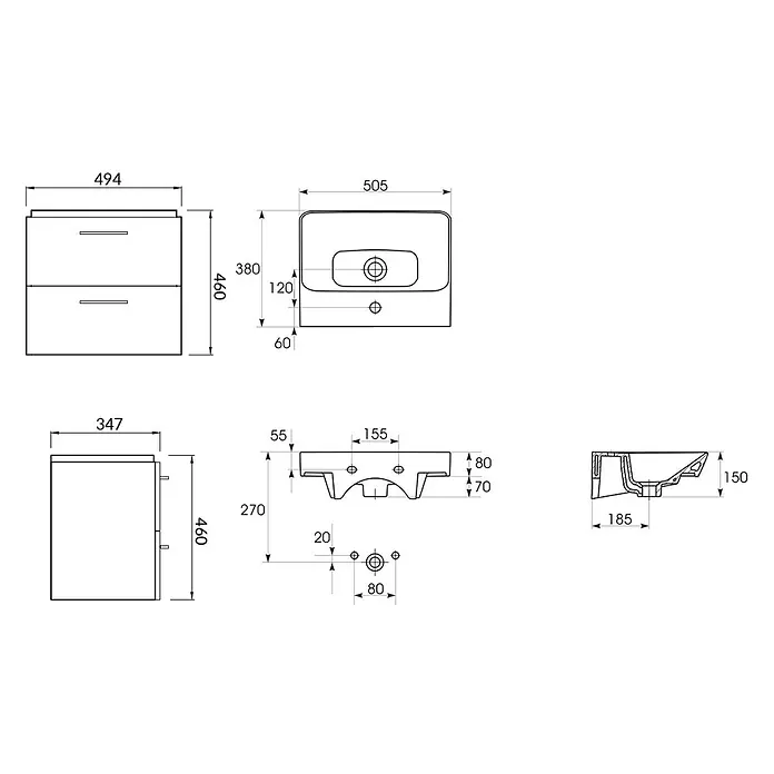 Bad Land Badmöbel-Set LARA MILLE SLIM Badmöbel-Set 50 cm Grau, Unterschrank mit Keramikbecken - Gesamtbreite Badmöbel: 50,5 cm, Grau, Glänzend - Technisches Diagramm eines Badezimmer-Waschtischunterschranks mit Spülbecken und zwei Schubladen.