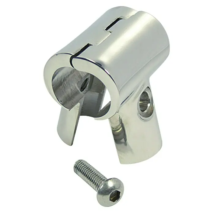 Marinetech T-Stück - 90 °, 25 mm, Klappbar - Nahaufnahme einer verchromten T-Stück-Rohrverbindung mit Schraube, ideal für Bootsausrüstung und verschiedene Bauprojekte.