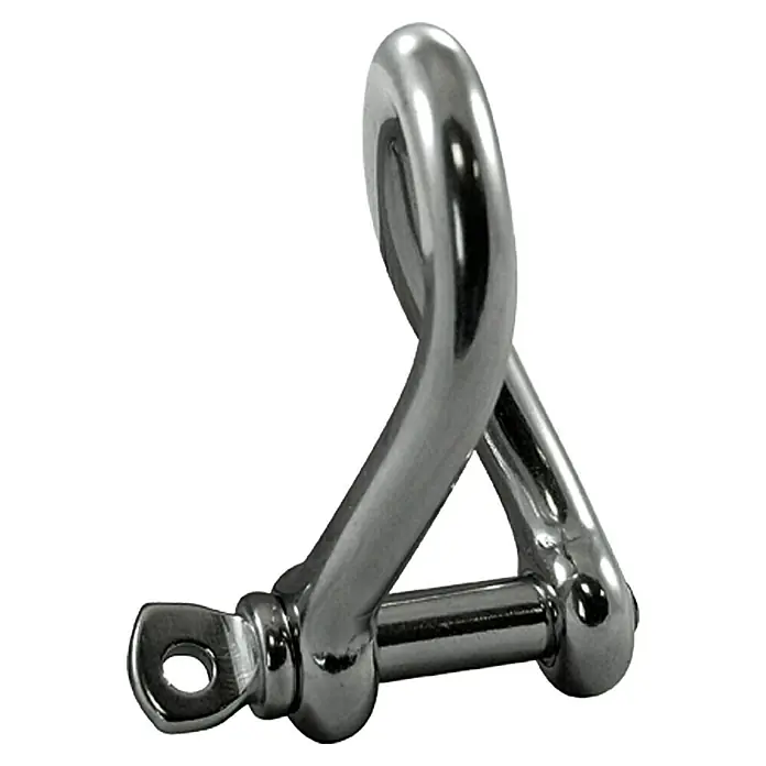 Rundschäkel - Durchmesser Bolzen: 6 mm, Rund gedreht, Edelstahl, A4 - Ein silberner, glänzender Schäkel mit Bolzenverschluss, ideal für maritime Anwendungen. Solide Verarbeitung für sichere Verbindungen.