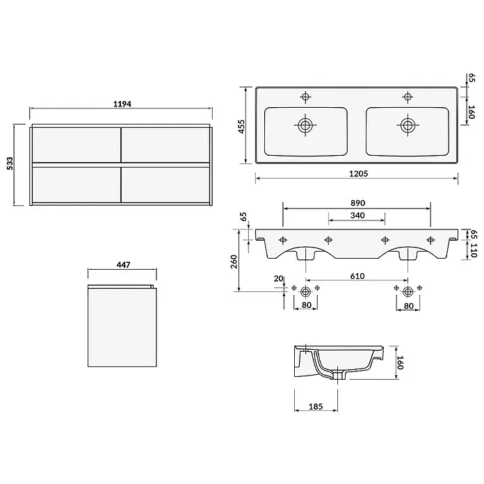 Bad Land Badmöbel-Set CREA Badmöbel-Set 120 cm Eiche Unterschrank mit Keramikbecken, 4 Schubladen - Gesamtbreite Badmöbel: 120,5 cm, Eiche, Glänzend - Technische Zeichnung eines Doppelwaschtischs mit zwei Becken und passendem Unterschrank.