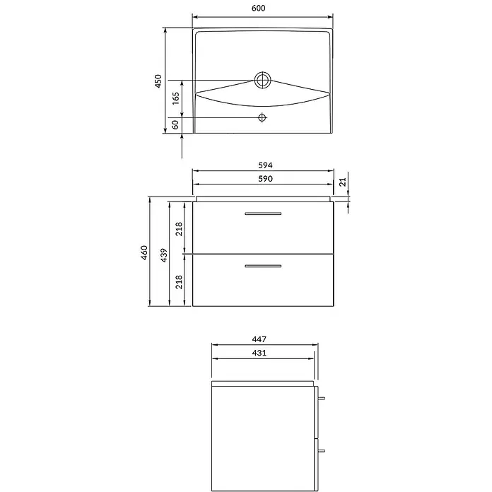 Bad Land Badmöbel-Set LARA CITY Badmöbel-Set 60 cm Grau, Unterschrank mit Keramikbecken - Gesamtbreite Badmöbel: 60,5 cm, Grau, Glänzend - Waschbecken mit Unterschrank und zwei Schubladen, technische Zeichnung mit Maßen von oben, vorne und Seite.
