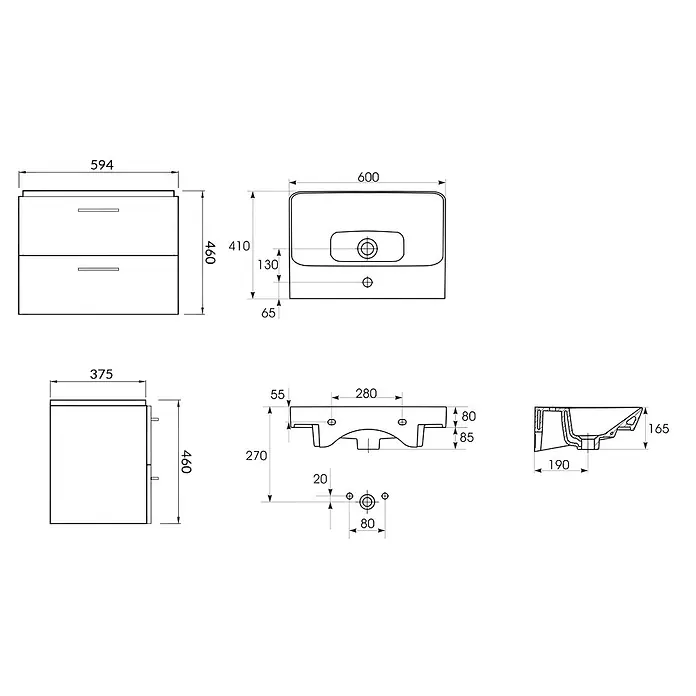 Bad Land Badmöbel-Set LARA MILLE SLIM Badmöbel-Set 60 cm Weiß Unterschrank mit Keramikbecken - Gesamtbreite Badmöbel: 60 cm, Weiß, Glänzend - Technische Zeichnungen einer wandhängenden Badezimmer-Waschtischunterschrank mit zwei Schubladen und einem rechteckigen Waschbecken, inklusive Maße.