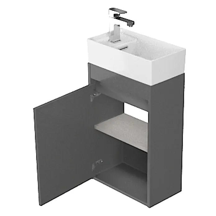 Bad Land Badmöbel-Set CREA Badmöbel-Set 40 cm Grau matt, Unterschrank mit Tür und Keramikbecken - Gesamtbreite Badmöbel: 40 cm, Grau, Matt - Dunkelgrauer Waschtischunterschrank mit weißem Keramikbecken, Chromarmatur und offener Tür mit hellgrauem Regal.