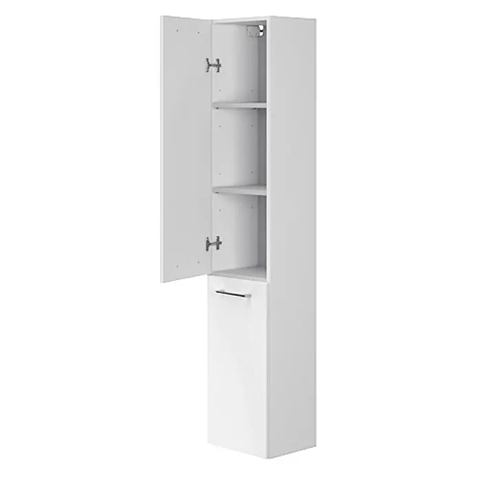 Bad Land Badmöbel-Set LARA CITY Badmöbel-Set 50 cm Waschbecken-UnterschrankHochschrank 150/30/25 - Gesamtbreite Badmöbel: 50,5 cm, Weiß, Glänzend - Weißer Hochschrank mit offener Tür, der zwei Ablagen und einen geschlossenen unteren Bereich mit Griff zeigt.