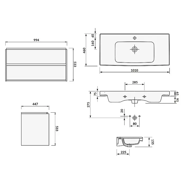 Bad Land Badmöbel-Set CREA Badmöbel-Set 100 cm Eiche Unterschrank mit Keramikbecken, 2 Schubladen - Gesamtbreite Badmöbel: 101 cm, Eiche, Glänzend - Technische Zeichnung eines rechteckigen Badunterschranks mit zwei Schubladen und einem Waschbecken, mit Ansichten und Maßen.