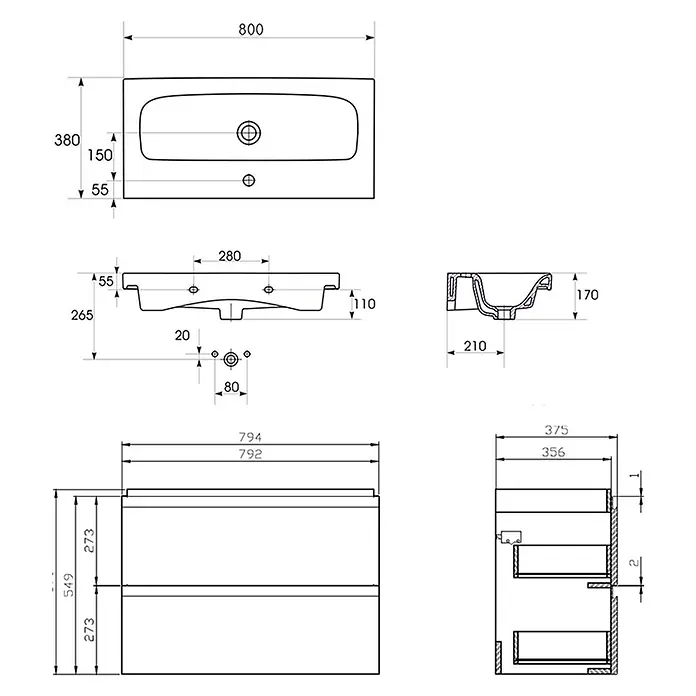 Bad Land Badmöbel-Set MODUO SLIM Badmöbel-Set 80 Weiß Unterschrank mit Keramikbecken - Gesamtbreite Badmöbel: 80 cm, Weiß, Glänzend - Technische Zeichnung eines Badwaschtischunterschranks mit integriertem Waschbecken, mit Maßen von oben, vorne und der Seite.