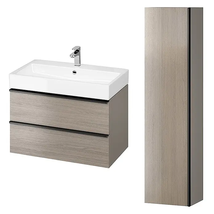 Bad Land Badmöbel-Set VIRGO Badmöbel-Set 80 cm Waschbecken-Unterschrank, Hochschrank 160/40/30 - Gesamtbreite Badmöbel: 81 cm, Grau Eiche, Glänzend - Helles Holzdekor-Badmöbel mit weißem Waschbecken, Chromarmatur und passendem Hochschrank.