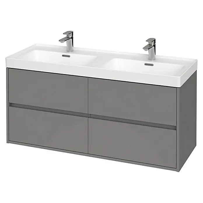 Bad Land Badmöbel-Set CREA Badmöbel-Set 120 cm Waschbecken-UnterschrankHochschrank 140/40/25 cm - Gesamtbreite Badmöbel: 120,5 cm, Grau, Matt - Grauer Doppelwaschtisch mit weißen Keramikbecken und vier Schubladen.