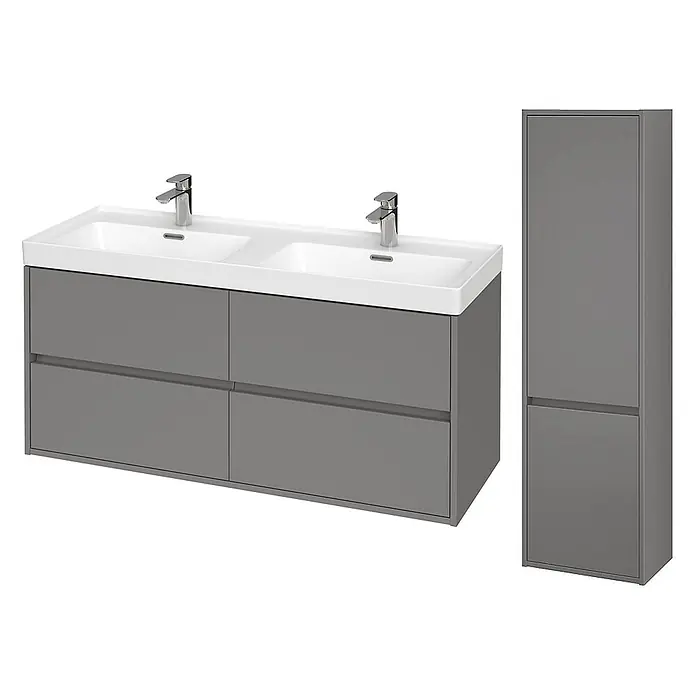 Bad Land Badmöbel-Set CREA Badmöbel-Set 120 cm Waschbecken-UnterschrankHochschrank 140/40/25 cm - Gesamtbreite Badmöbel: 120,5 cm, Grau, Matt - Grauer Doppelwaschtisch mit zwei weißen Waschbecken, Chromarmaturen und einem hohen, passenden grauen Badschrank.