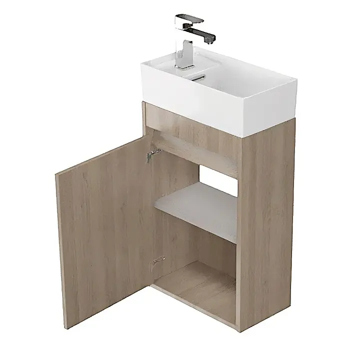 Bad Land Badmöbel-Set CREA Badmöbel-Set 40 cm Waschbecken-UnterschrankHochschrank 140/40/25 cm - Gesamtbreite Badmöbel: 40 cm, Eiche, Glänzend - Kompakter wandmontierter Badunterschrank mit weißem rechteckigem Waschbecken, Chromarmatur und hellem Holzschrank mit offener Tür und Regal.