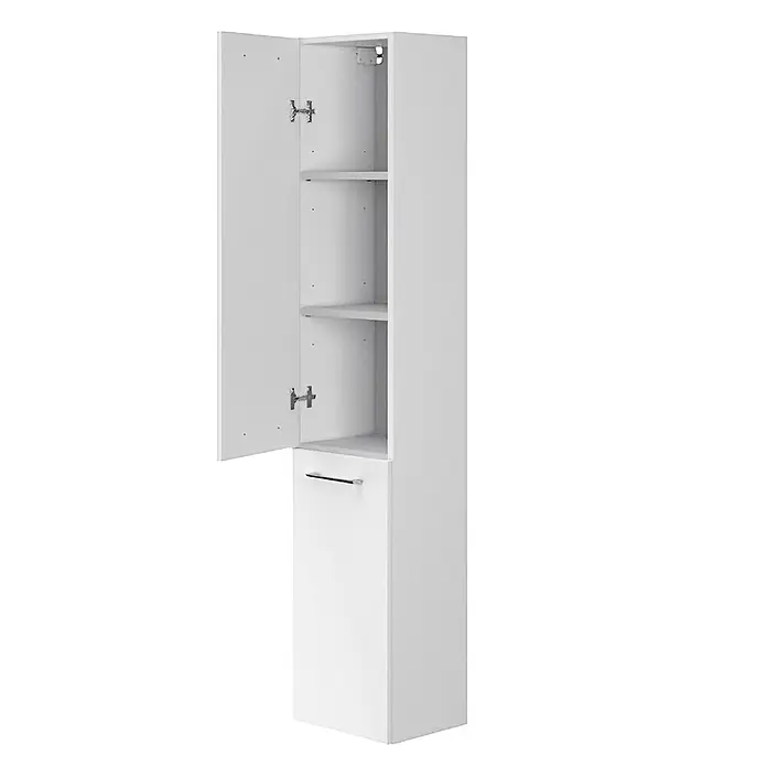 Bad Land Badmöbel-Set LARA MILLE Badmöbel-Set 80 cm Waschbecken-UnterschrankHochschrank - Gesamtbreite Badmöbel: 81 cm, Weiß, Glänzend - Weißer Hochschrank mit offener Tür, die Regale und eine geschlossene Schublade mit Griff zeigt.