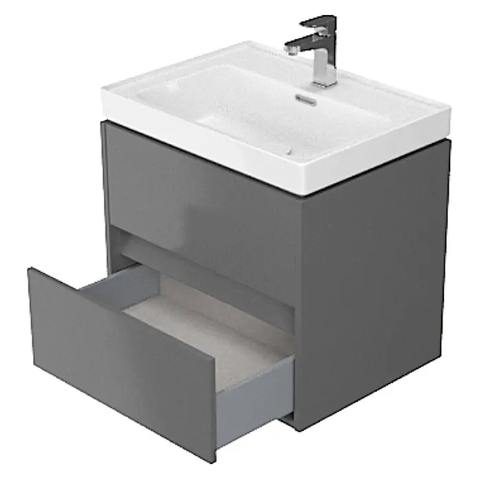 Bad Land Badmöbel-Set CREA Badmöbel-Set 60 cm Grau matt Unterschrank mit Keramikbecken - Gesamtbreite Badmöbel: 60 cm, Grau, Matt - Moderner grauer Badunterschrank mit weißem Keramikwaschbecken und Chromarmatur. Eine Schublade ist geöffnet.