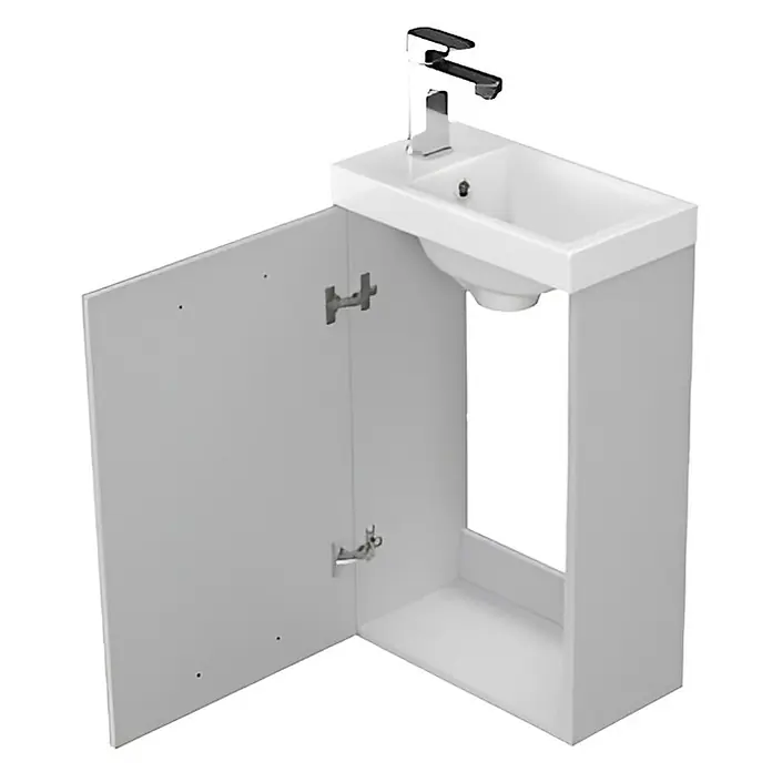 Bad Land Badmöbel-Set LARA COMO Badmöbel-Set 40 cm Grau, Unterschrank mit Tür und Keramikbecken - Gesamtbreite Badmöbel: 39,2 cm, Grau, Glänzend - Weißer Badunterschrank mit offener Tür, integriertem Keramikwaschbecken und Chromarmatur.