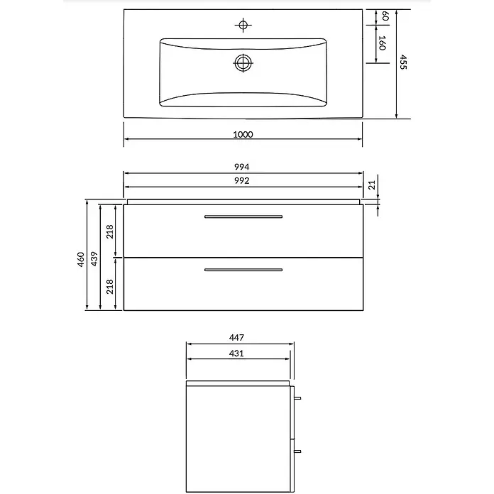 Bad Land Badmöbel-Set LARA COMO Badmöbel-Set 100 cm Weiß Unterschrank mit Keramikbecken - Gesamtbreite Badmöbel: 99,4 cm, Weiß, Glänzend - Technische Zeichnung eines Badmöbels mit integriertem Waschbecken und zwei Schubladen, mit Front-, Draufsicht- und Seitenmaßen.