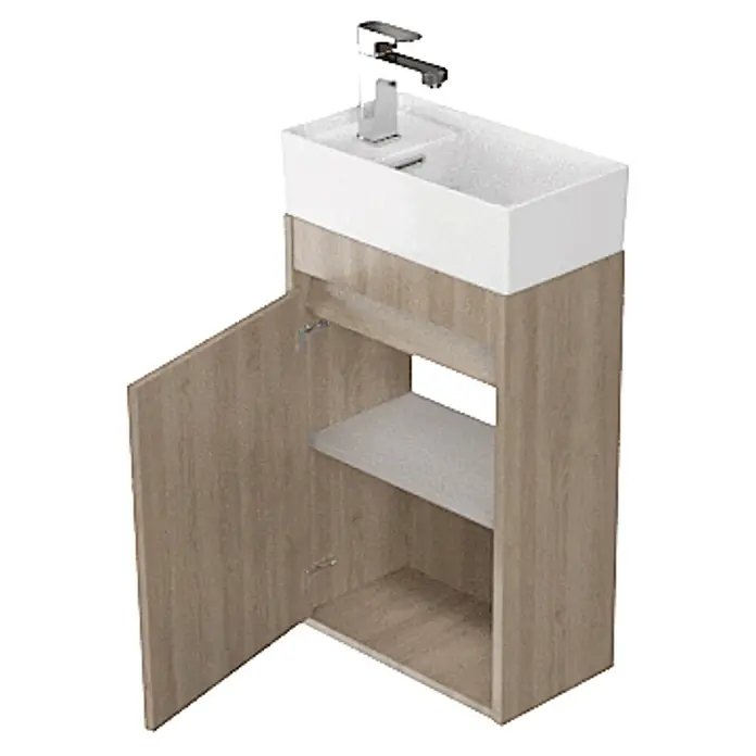 Bad Land Badmöbel-Set CREA Badmöbel-Set 40 cm Eiche, Unterschrank mit Tür und Keramikbecken - Gesamtbreite Badmöbel: 40 cm, Eiche, Glänzend - Moderner hellbrauner Waschtischunterschrank mit weißem rechteckigem Waschbecken und Chromarmatur. Eine Schranktür ist geöffnet und zeigt eine Ablage.