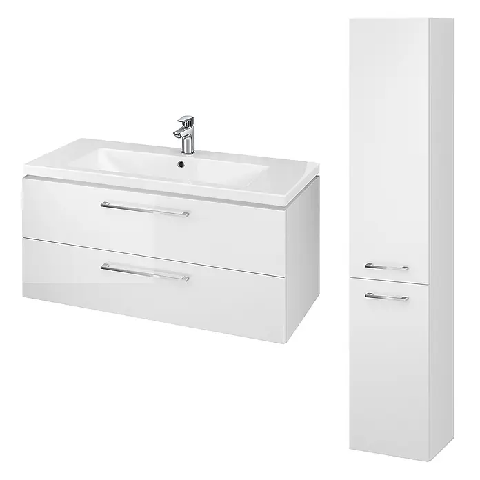 Bad Land Badmöbel-Set LARA COMO Badmöbel-Set 100 cm Waschbecken-UnterschrankHochschrank - Gesamtbreite Badmöbel: 99,4 cm, Weiß, Glänzend - Weißer Badwaschtisch mit Waschbecken, Chromarmatur und passendem Hochschrank.