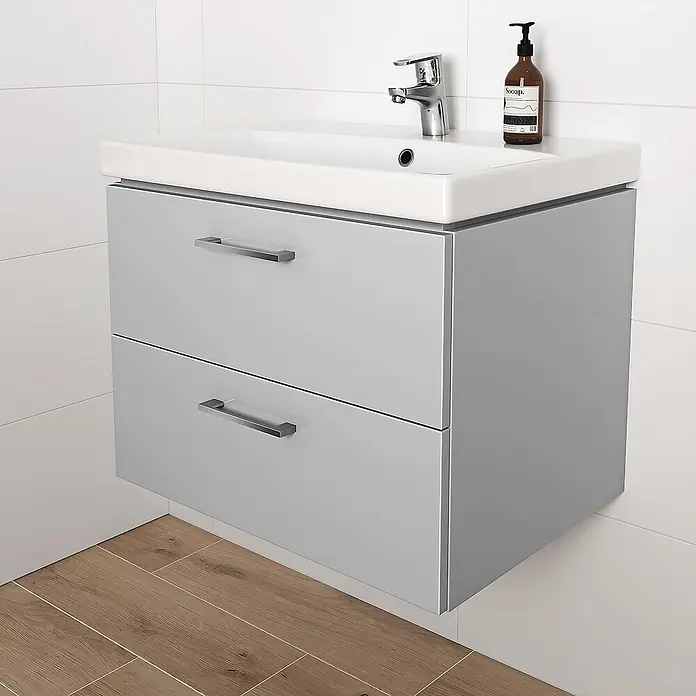 Bad Land Badmöbel-Set LARA CITY Badmöbel-Set 60 cm Grau, Unterschrank mit Keramikbecken - Gesamtbreite Badmöbel: 60,5 cm, Grau, Glänzend - Wandhängender grauer Badunterschrank mit zwei Schubladen, weißem Keramikwaschbecken, Chromarmatur und Griffen.