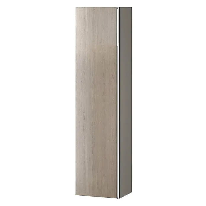 Bad Land Badmöbel-Set VIRGO Badmöbel-Set 80 cm Waschbecken-Unterschrank, Hochschrank 160/40/30 - Gesamtbreite Badmöbel: 81 cm, Grau Eiche, Glänzend - Helle Holzmaserung Schranktür mit vertikalem Chromgriff und dunkelgrauer Seitenplatte.