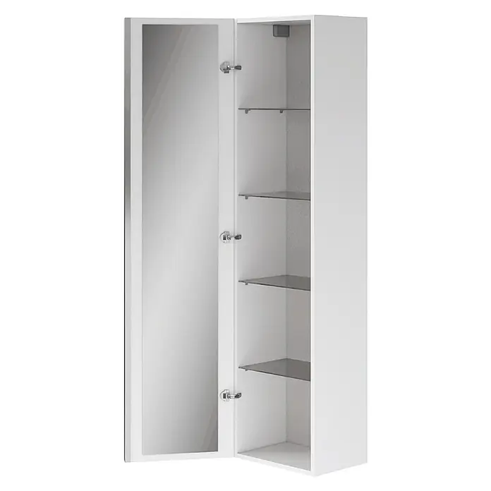 Bad Land Badmöbel-Set VIRGO Badmöbel-Set 80 cm Waschbecken-Unterschrank, Hochschrank 160/40/30 - Gesamtbreite Badmöbel: 81 cm, Grau Eiche, Glänzend - Weißer Wandschrank mit offener Spiegeltür, der vier Klarglasböden im Inneren zeigt.