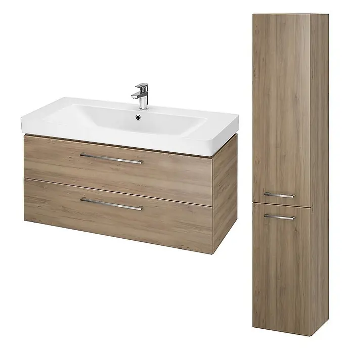Bad Land Badmöbel-Set LARA MILLE Badmöbel-Set 100 cm Waschbecken-UnterschrankHochschrank - Gesamtbreite Badmöbel: 101 cm, Nussbaum, Glänzend - Badezimmer-Waschtischunterschrank in Holzoptik mit weißem Waschbecken und Armatur, dazu passender Hochschrank, beide mit Chromgriffen.