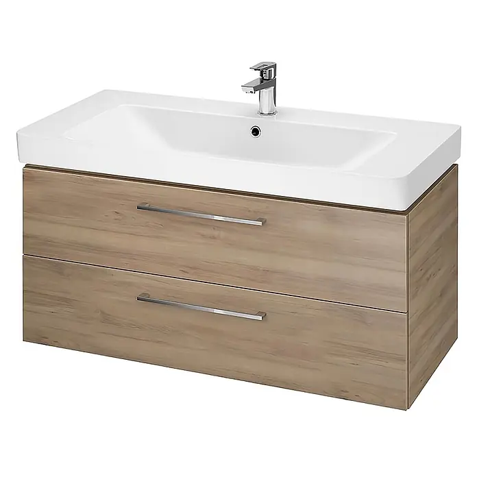 Bad Land Badmöbel-Set LARA MILLE Badmöbel-Set 100 cm Waschbecken-UnterschrankHochschrank - Gesamtbreite Badmöbel: 101 cm, Nussbaum, Glänzend - Badunterschrank aus hellem Holzdekor mit weißem Keramikwaschbecken und zwei Schubladen mit silbernen Griffen.