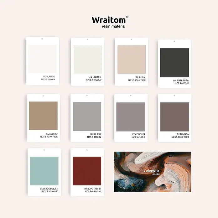 Poalgi Badmöbel-Set BÜL - Gesamtbreite Badmöbel: 80 cm, Eiche und Braun, Matt - Wraitom Harzmaterial Farbpalette mit 10 Farbmustern in Weiß-, Grau-, Beige-, Braun-, Rot- und Türkistönen; dazu ein abstraktes Kunstwerk.