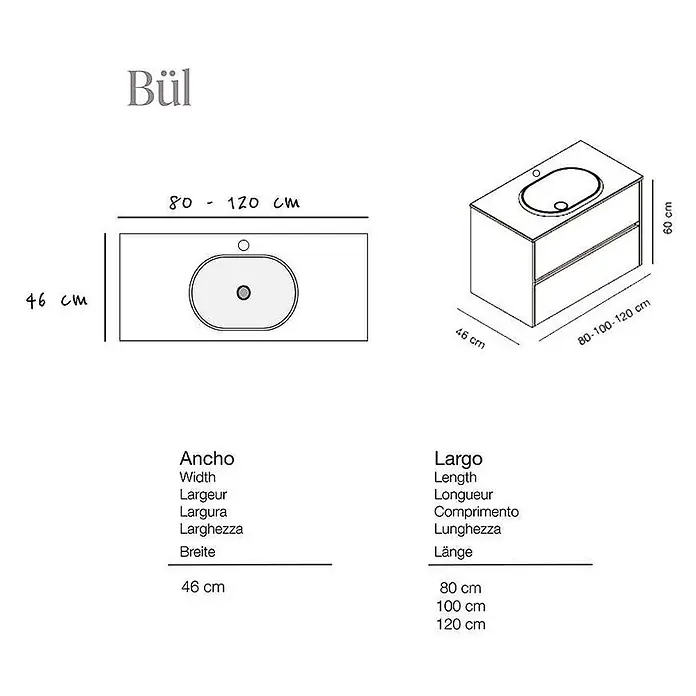 Poalgi Badmöbel-Set BÜL - Gesamtbreite Badmöbel: 100 cm, Eiche und Braun, Matt - Technische Zeichnung eines rechteckigen Badmöbels mit ovalem Waschbecken, 46 cm tief, 60 cm hoch und 80-120 cm breit.