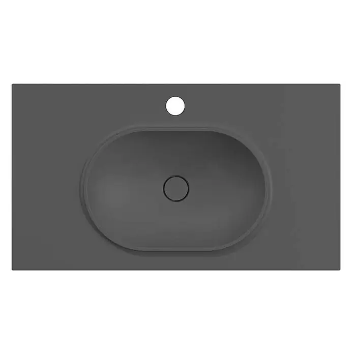 Poalgi Badmöbel-Set BÜL - Gesamtbreite Badmöbel: 100 cm, Schwarz matt, Matt - Dunkelgraues mattes ovales Einbauwaschbecken mit Hahnloch und Abfluss.