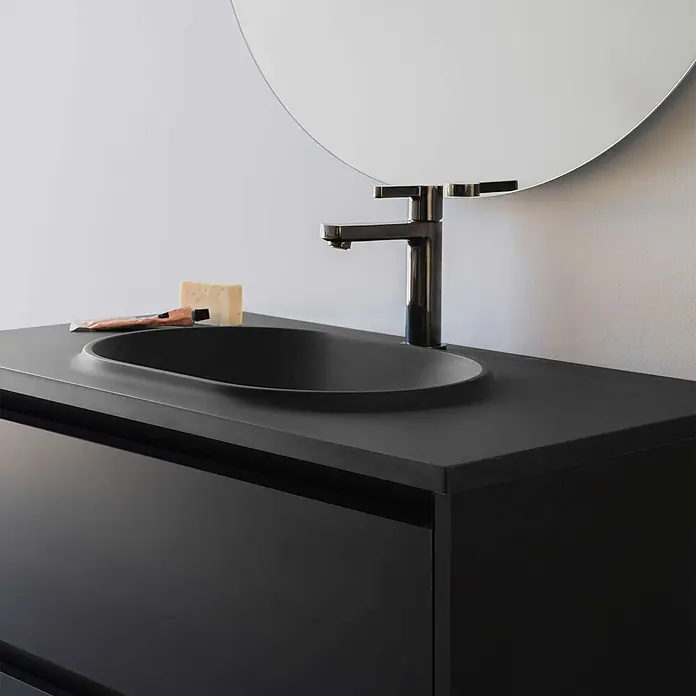 Poalgi Badmöbel-Set BÜL - Gesamtbreite Badmöbel: 100 cm, Schwarz matt, Matt - Moderne, mattschwarze Badezimmerwaschtisch mit integriertem Waschbecken, passendem Wasserhahn, Seife und Tube.