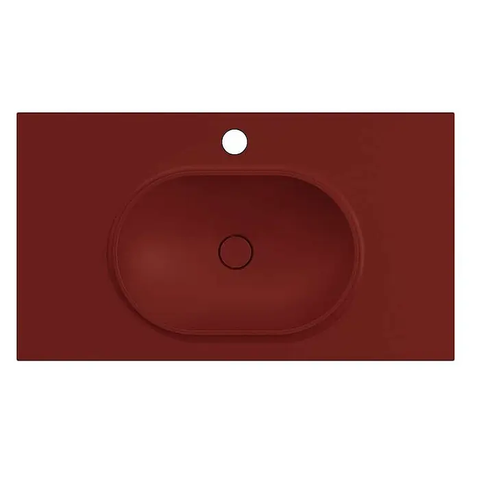 Poalgi Badmöbel-Set BÜL - Gesamtbreite Badmöbel: 120 cm, Tassili-Rot matt, Matt - Terracotta-rotes integriertes Aufsatzwaschbecken mit ovalem Becken, zentralem Abfluss und Hahnloch.