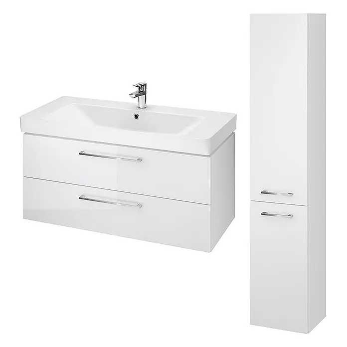 Bad Land Badmöbel-Set LARA MILLE Badmöbel-Set 100 cm Waschbecken-UnterschrankHochschrank - Gesamtbreite Badmöbel: 101 cm, Weiß, Glänzend - Weißer Badschrank mit integriertem Waschbecken und zwei Schubladen, sowie passendem Hochschrank, alle mit Chromgriffen.