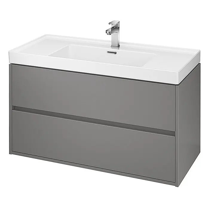 Bad Land Badmöbel-Set CREA Badmöbel-Set 100 cm Grau matt Unterschrank mit Keramikbecken - Gesamtbreite Badmöbel: 101 cm, Grau, Matt - Grauer wandhängender Badunterschrank mit zwei Schubladen, integriertem weißem Keramikwaschbecken und Chromarmatur.