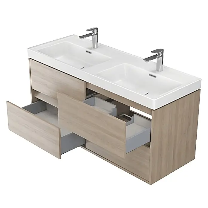 Bad Land Badmöbel-Set CREA Badmöbel-Set 120 cm Waschbecken-UnterschrankHochschrank 140/40/25 cm - Gesamtbreite Badmöbel: 120,5 cm, Eiche, Glänzend - Wandhängender Doppelwaschtisch in heller Holzoptik mit weißen Keramikbecken, Chromarmaturen und geöffneten Schubladen.