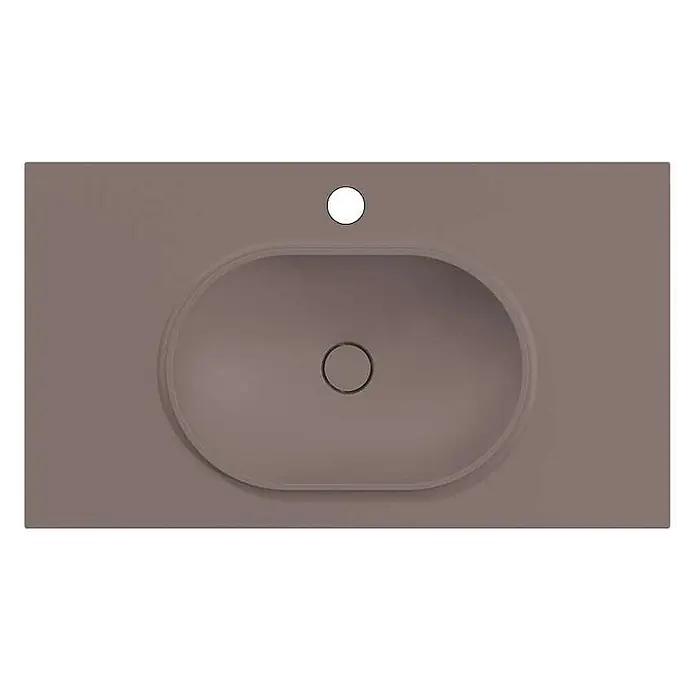 Poalgi Badmöbel-Set BÜL - Gesamtbreite Badmöbel: 80 cm, Eiche und Braun, Matt - Taupefarbenes integriertes Waschbecken aus Mineralguss mit ovalem Becken und Hahnloch.