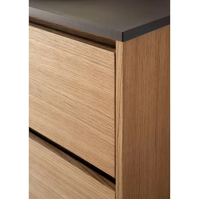 Poalgi Badmöbel-Set BÜL - Gesamtbreite Badmöbel: 100 cm, Eiche und Braun, Matt - Heller Holzschrank mit dunkelgrauer Platte und zwei Schubladen mit integrierten Griffen.