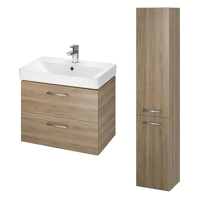 Bad Land Badmöbel-Set LARA MILLE SLIM Badmöbel-Set 60 cm Waschbecken-UnterschrankHochschrank - Gesamtbreite Badmöbel: 60 cm, Nussbaum, Glänzend - Badmöbel-Set: Waschtischunterschrank mit weißem Keramikwaschbecken und passendem Hochschrank, helles Holzdekor.