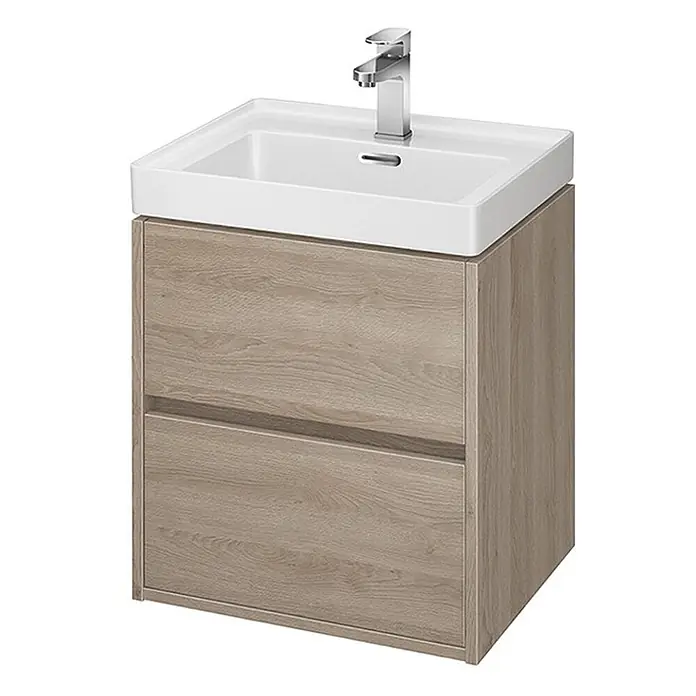 Bad Land Badmöbel-Set CREA Badmöbel-Set 50 cm Eiche, Unterschrank mit Keramikbecken, 2 Schubladen - Gesamtbreite Badmöbel: 50,5 cm, Eiche, Glänzend - Badezimmerschrank in Holzoptik mit zwei Schubladen, weißem Keramikwaschbecken und Chromarmatur.