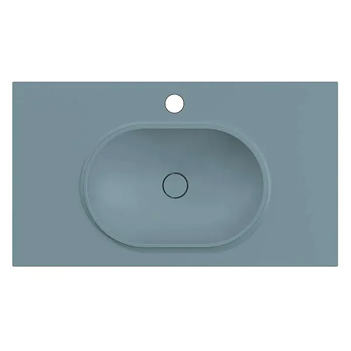 Poalgi Badmöbel-Set BÜL - Gesamtbreite Badmöbel: 120 cm, Flechtengrün matt, Matt - Blaugraue integrierte Waschtischplatte mit ovalem Becken, Hahnloch und Abfluss.