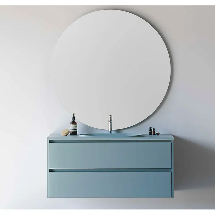 Poalgi Badmöbel-Set BÜL - Gesamtbreite Badmöbel: 120 cm, Flechtengrün matt, Matt - Modernes blaugraues Badezimmer-Waschtisch mit integriertem Waschbecken, zwei Schubladen und großem Rundspiegel.