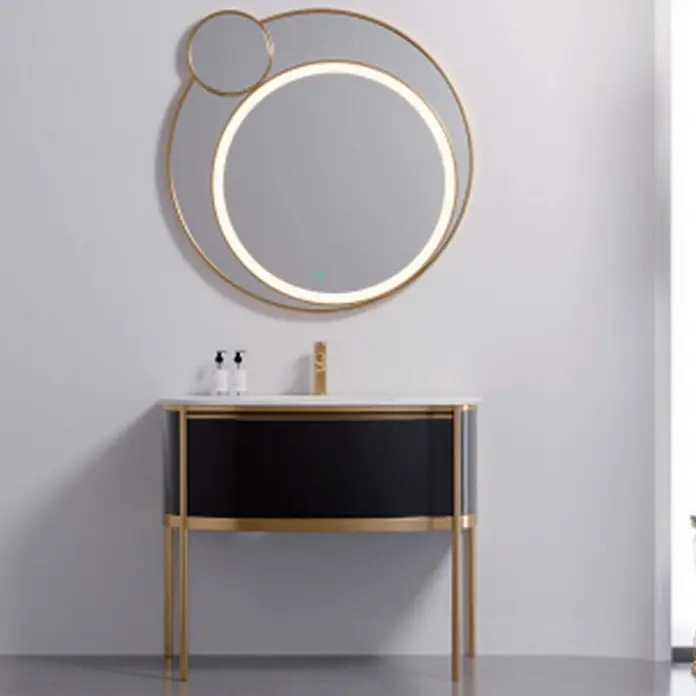 Hudor Badmöbel-Set g065 -  - Moderner Waschtisch in Schwarz-Gold mit weißer Platte und passendem runden LED-Spiegel.