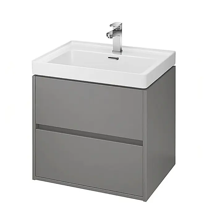 Bad Land Badmöbel-Set CREA Badmöbel-Set 60 cm Waschbecken-UnterschrankHochschrank 140/40/25 cm - Gesamtbreite Badmöbel: 60 cm, Grau, Matt - Wandhängender grauer Badschrank mit zwei Schubladen und integriertem weißen Keramikwaschbecken mit Chromarmatur.