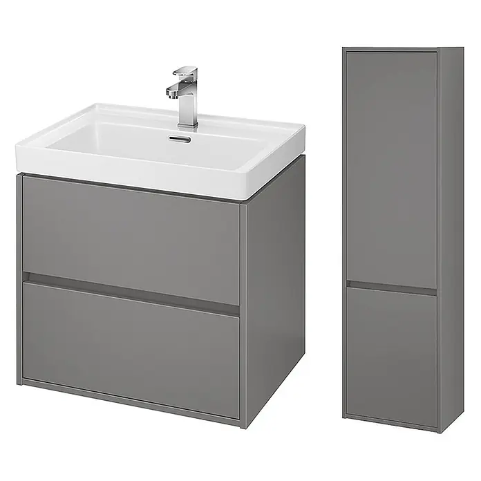 Bad Land Badmöbel-Set CREA Badmöbel-Set 60 cm Waschbecken-UnterschrankHochschrank 140/40/25 cm - Gesamtbreite Badmöbel: 60 cm, Grau, Matt - Grauer Badunterschrank mit weißem Waschbecken, Chromarmatur und passendem Hochschrank.