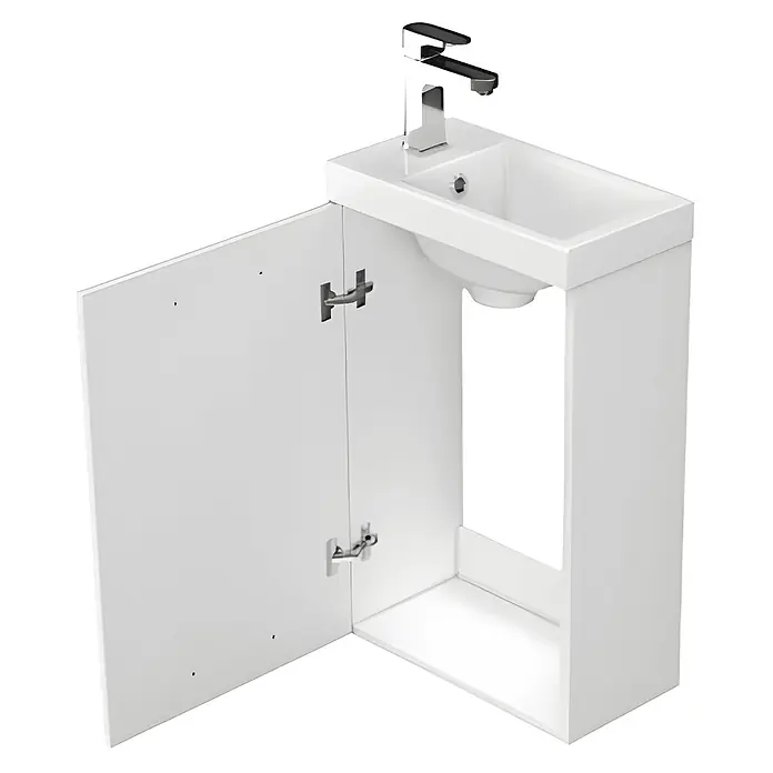 Bad Land Badmöbel-Set LARA COMO Badmöbel-Set 40 cm Weiß, Unterschrank mit Tür und Keramikbecken - Gesamtbreite Badmöbel: 39,2 cm, Weiß, Glänzend - Weißer Waschtischunterschrank mit integriertem Keramikwaschbecken und Chromarmatur, Schranktür offen.