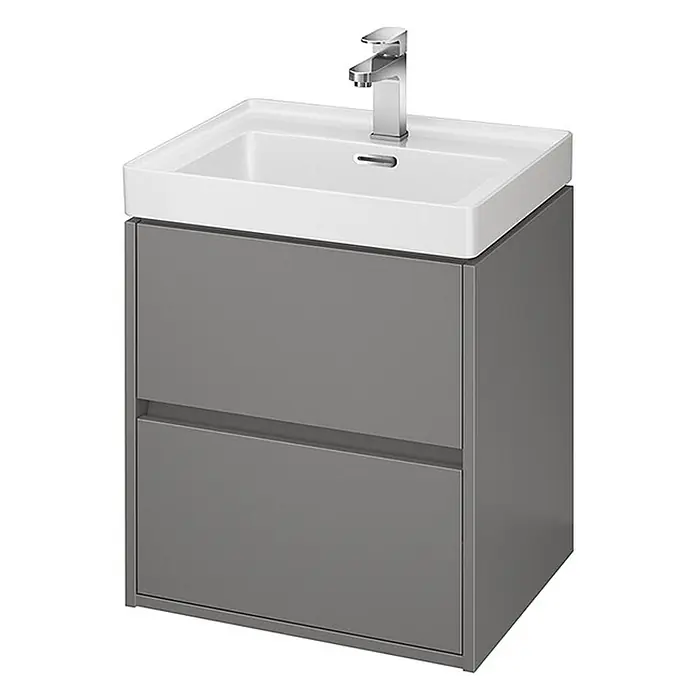 Bad Land Badmöbel-Set CREA Badmöbel-Set 50 cm Grau matt Unterschrank mit Keramikbecken - Gesamtbreite Badmöbel: 50,5 cm, Grau, Matt - Grauer Badunterschrank mit zwei Schubladen, weißem Keramikwaschbecken und Chromarmatur.