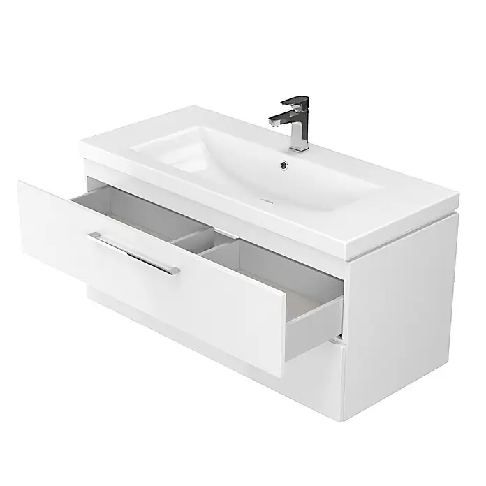 Bad Land Badmöbel-Set LARA COMO Badmöbel-Set 60 cm Weiß Unterschrank mit Keramikbecken - Gesamtbreite Badmöbel: 59,4 cm, Weiß, Glänzend - Weißer Badschrank mit integriertem Waschbecken, Chromarmatur und geöffneter Schublade mit Innenteilern.