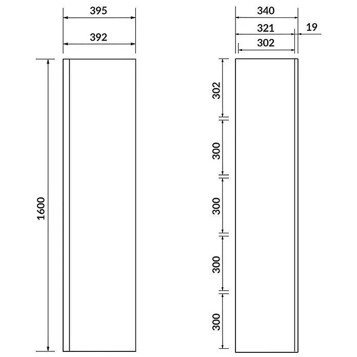 Bad Land Badmöbel-Set MODUO SLIM Badmöbel-Set 50 Waschbecken-Unterschrank, Hochschrank 160/40/34 - Gesamtbreite Badmöbel: 50 cm, Weiß, Glänzend - Technische Zeichnung einer rechteckigen Möbelplatte, mit detaillierten Maßen für Höhe, Breite, Tiefe und interne Segmente.
