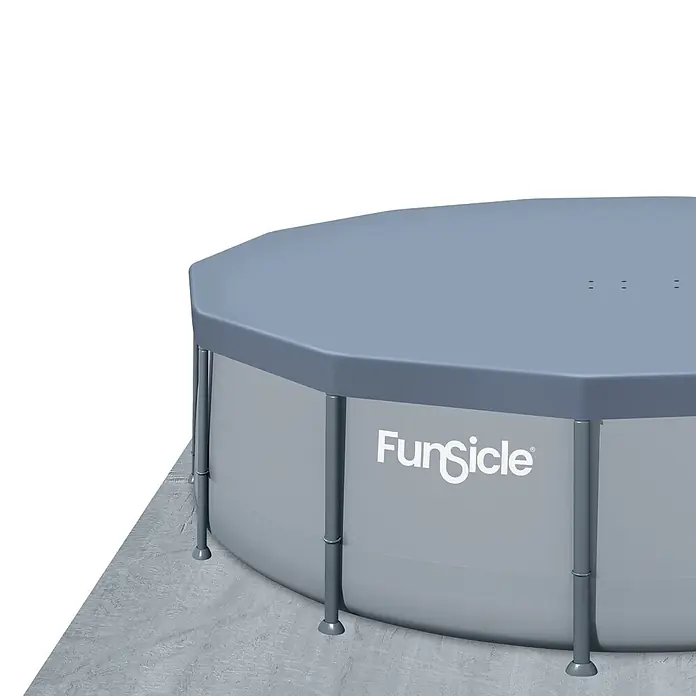 Funsicle Frame-Pool - Ø x H: 427 x 107 cm, Grau, 13.294 l - Grauer FunSicle Aufstellpool mit passender grauer Abdeckung, gestützt von einem Metallrahmen, auf einer strukturierten Oberfläche.