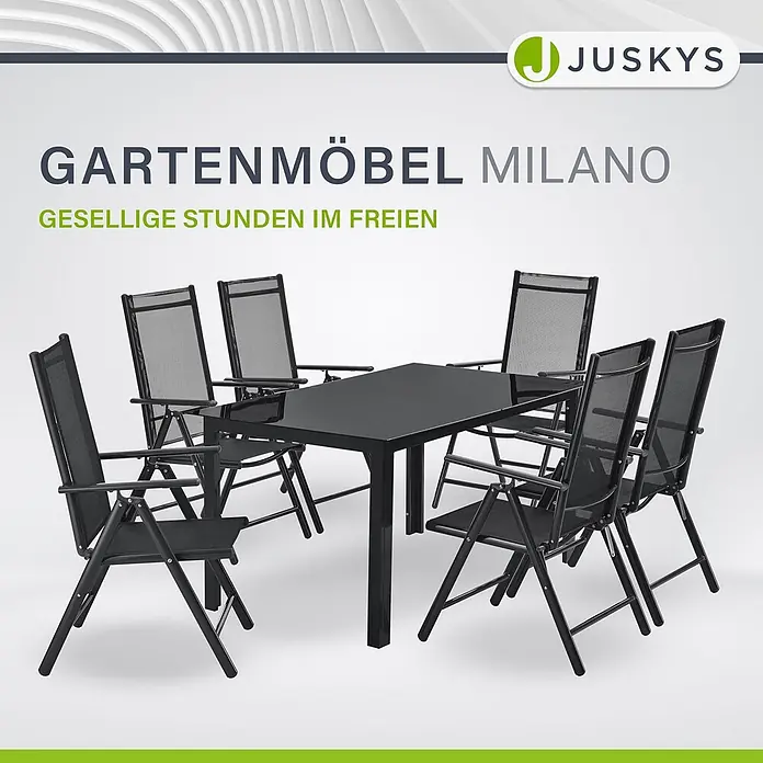 Juskys Gartentisch-Set Milano - L x B x H: 90 x 150 x 75 cm, Gestell: Pulverbeschichtetes Aluminium; Geflecht: Textilgewebe (100% Polyester, PVC-ummantelt); Tischplatten: 5mm Sicherheitsglas - Schwarze Gartenmöbelgarnitur mit einem Tisch und sechs Klappstühlen, ideal für gesellige Stunden im Freien.